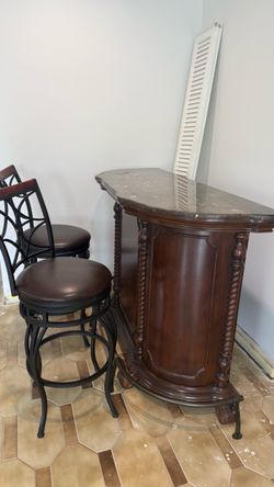 Elegant Wood Home Bar with Marble Top + 2 Bar Stools