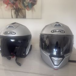 HJC Silver Modular Motorcycle Helmets with Built-in Bluetooth Microphones – Set of 2