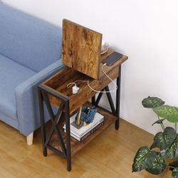 New Single End Table w/ Charging Station Flip Top Narrow Side Table X-design, Rustic Brown