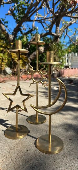 Vintage Brass Celestial Candle Holder Set Of 3 – Sun, Star & Moon Candlesticks