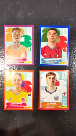 4 colored World Cup Panini stickers, incl Christiano Ronaldo & Cole Palmer