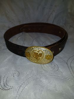 Gorgeous Western Leather Belt w/ Gold Heart Buckle- Elaborate Detailing
