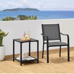 Outdoor Side Table, Metal Outdoor End Table with 2 Tier Storage, Weather Resistant End Tables for Patio, Backyard, Pool, Beach, Black