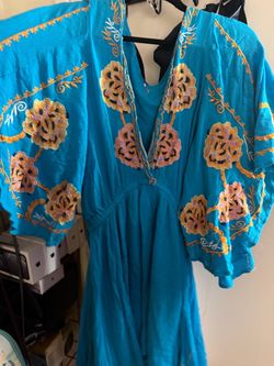 Free People Cora Turquoise Embroidered Boho Mini Dress Size L