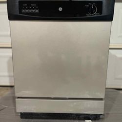 (GE) built-in dishwasher with a stainless steel finish and a black front control panel.