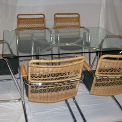 1970s Chrome/Glass Table with Rattan Chairs Dining Set