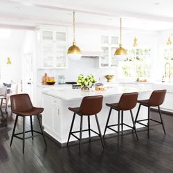 Dark Brown 24 in. Low Back Metal Frame Counter Height Bar Stool with Faux Leather seat (Set of 4)