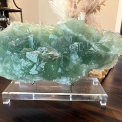 Large and heavy raw cubic fluorite with stand