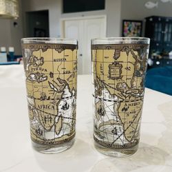 Vintage Cera Old World Map  Highball Barware Mid Century Glasses  Set 2