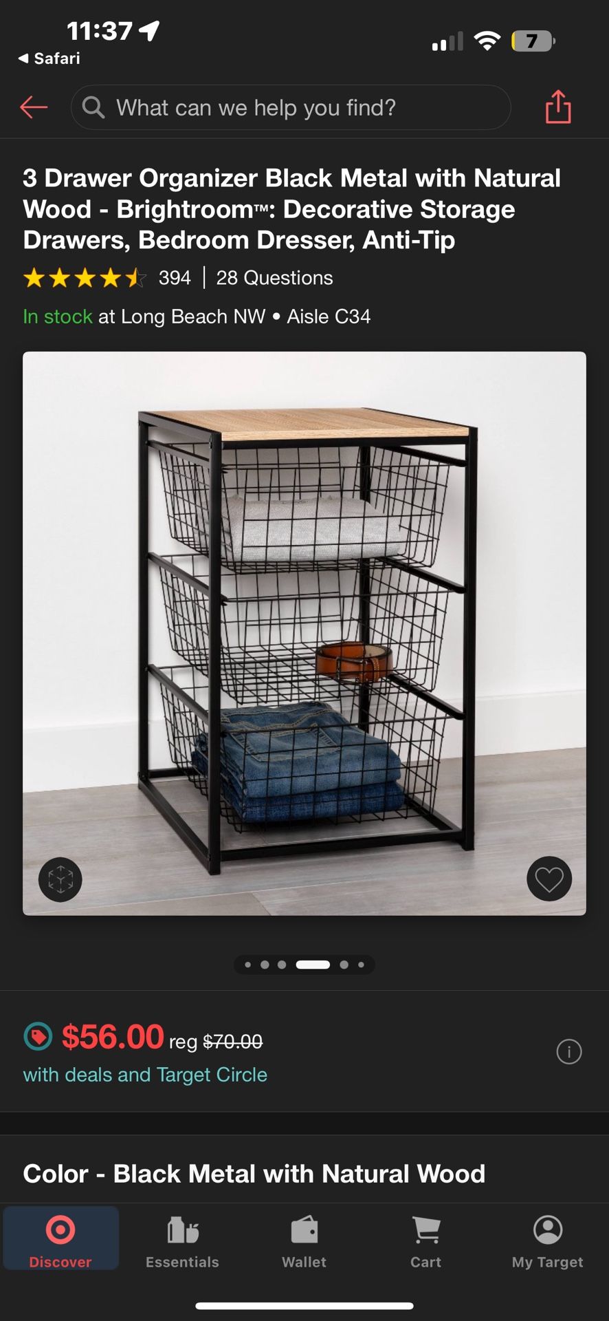 3 Drawer Organizer Black Metal with Natural Wood