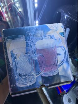 Etched Rose Glass Beer Mugs Set 2pc