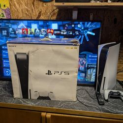 PS5 Disc Version + Original Box + 42” Insignia 4K Fire TV + 10ft HDMI — Full Setup