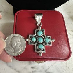 Vintage 925 Sterling Silver Native Am. Natural Turquoise Cross Pendant , Marked Sterling , Gorgeous!! 5 Round Turquoise Stones , Large Bale