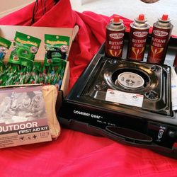 Portable Gas Stove, Butane Fuel, First Aid Kit, And Insect Repellent Bracelets Lot! 