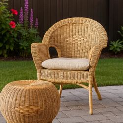 Beautiful Wicker Chair + Ottoman Set