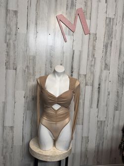 Nude Sheer Mesh Long Sleeve Ruched Cut Out Bodysuit  Sexy Stretchy One Piece Top NWT
