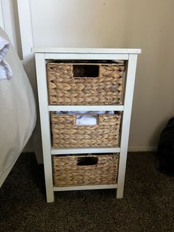 White Farmhouse-Style Nightstands with Woven Storage Baskets (2)