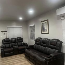 Brown Leather Reclining Sofa & Love Seat