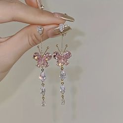 Brand New Dainty Sparkling Gold Toned Rhinestone Butterfly Dangle Earrings