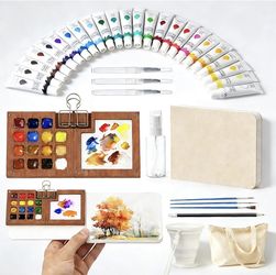 Mini Watercolor Paint Set, Watercolor Travel Set, 24-Color Pocket Watercolor Set with 15 Grids Paint Palette, Watercolor Journal, Cup, Bag, Spray Bott