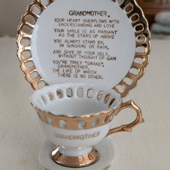 Vintage Miniature Porcelain China "Grandmother Tea Set" With Cup, Saucer, Stand & Poem~Japan