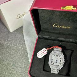 Cartier Moissanite Diamond Santos Fashion Wrist Watch VVS Quality With Box