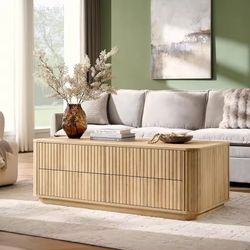 51" Fluted Coffee Table with Storage, Modern Large Coffee Table with 4 Drawers, Rectangle Wood Center Table for,
