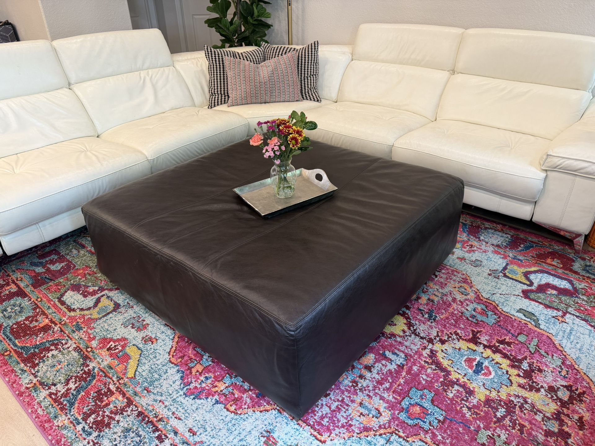 Genuine Leather Ottoman 48” Square Coffee Table Made in USA 🇺🇸 Dark Brown ✨Delivery Available