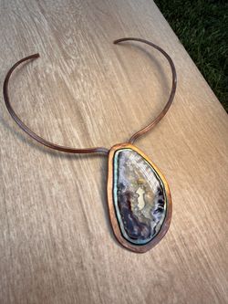 ✨🫶🏼Vintage Sliced Agate Statement Necklace – Copper Collar Choker