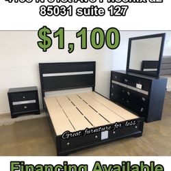 Queen Size Bedroom Set Black Include Bed Frame Dresser Mirror And Nightstand Brand New 