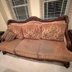 Vintage Carved Wood & Elegant Beige Upholstered Couch