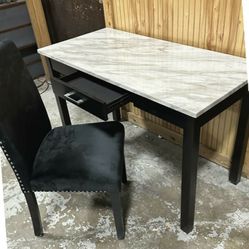 Home Office Desk & Chair in White Marble & Black Finish