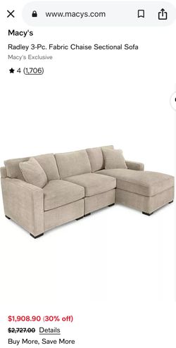 Macy's Radley 3-pc Fabric Chaise Sectional Sofa and Arm Chair for Sale