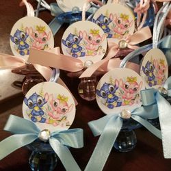 Stitch And ANGEL Gender Reveal Guest Pacifiers Favors Necklaces