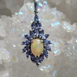 Opal Tanzanite Silver Pendant Oval Opal Pear Shape Tanzanites Genuine