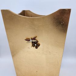 ​Vintage Regency Gold Leaf Wastebasket - Trash Can- Jeweled Dragonfly & Flower