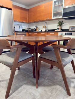 Article Conan 54” Round Walnut Dining Table + 4 Zola Volcanic Gray Chairs - Perfect Condition