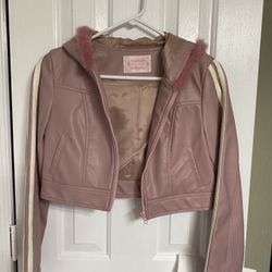 Rose leather hoodie crop sporty jacket