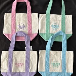 4 Trader Joe’s pastel pink blue green purple mini tote bag set - NWT