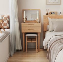 Muwuele Solid Wood Small Vanity Desk with Mirror and Lights, Narrow Makeup Vanity for Small Space, Flip Top Vanity Side Table, 3 Color Modes & Adjusta