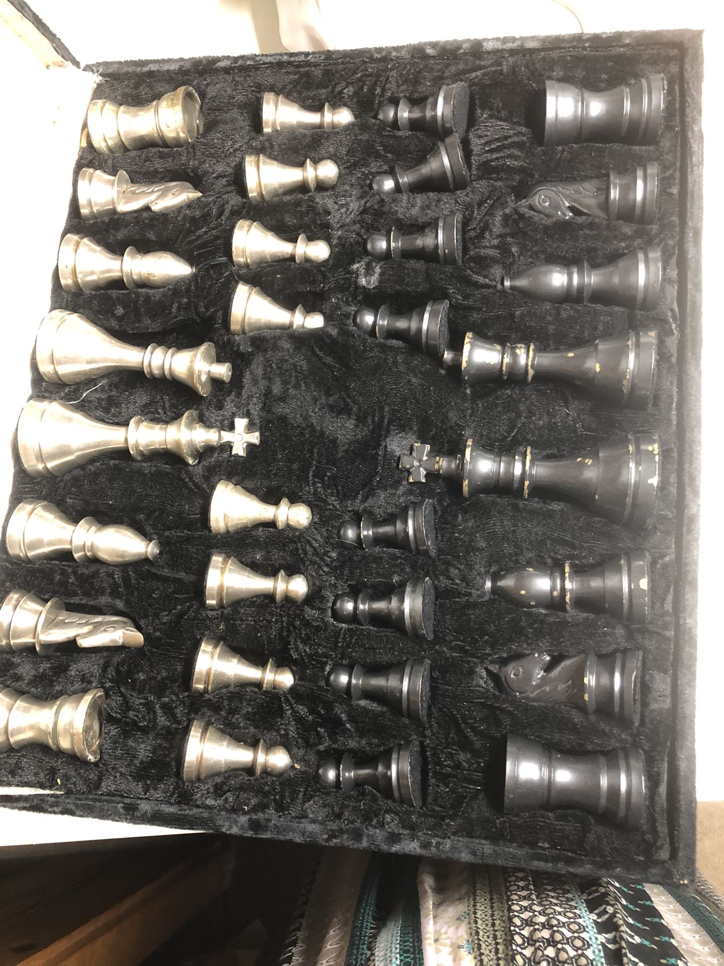 Antique Heavy Metal Pewter Chess And Wood Board