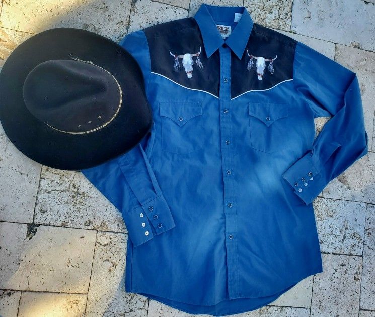 Mens Western Shirt Med And Cowboy Hat Great Costime