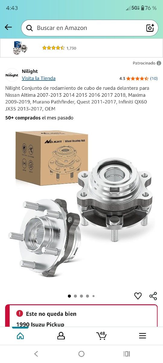 Nilight Conjunto de rodamiento de cubo de rueda delantera para Nissan Altima 2007-2013 2014 2015 2016 2017 2018, Maxima 2009-2019, Murano Pathfinder,