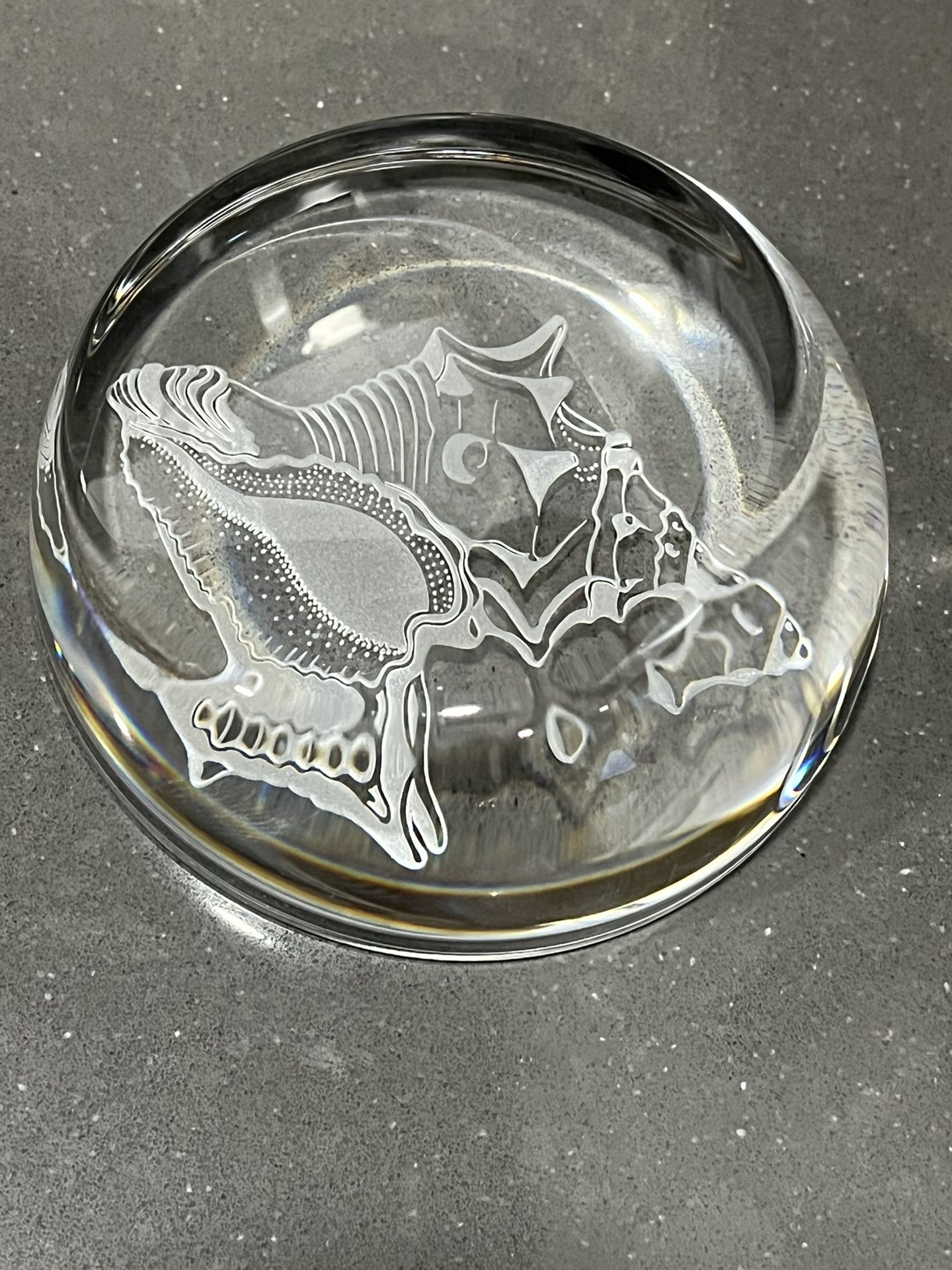 Art Glass Paperweight With Etched Shell Design, New England Crystal Company