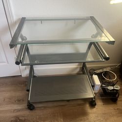 Glass- Desk with Pull-Out Keyboard Tray & Computer & Sturdy Metal Frame