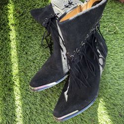 HOT- Oak Tree Farms  Suede Fringe Cowgirl Boots Size 8.6 Side  Zipper
