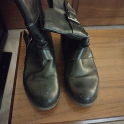 Black Leather Zip Up Mid-calf Biker Boots 