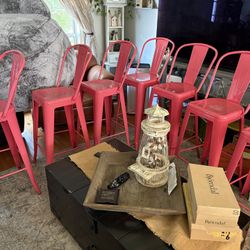 Set of 7 Pink Metal Tolix-Style Bar Stools
