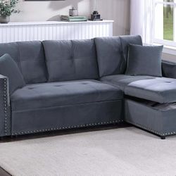 Brand New Gray Velvet Sectional Sofa Storage Sleeper