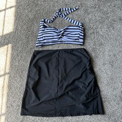 Womens Black and White Striped 2 Piece Bikini Set with Skirt Cover Up Swimwear